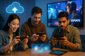 ilustrasi mobile gaming 2025 dengan cloud play esports dan AR
