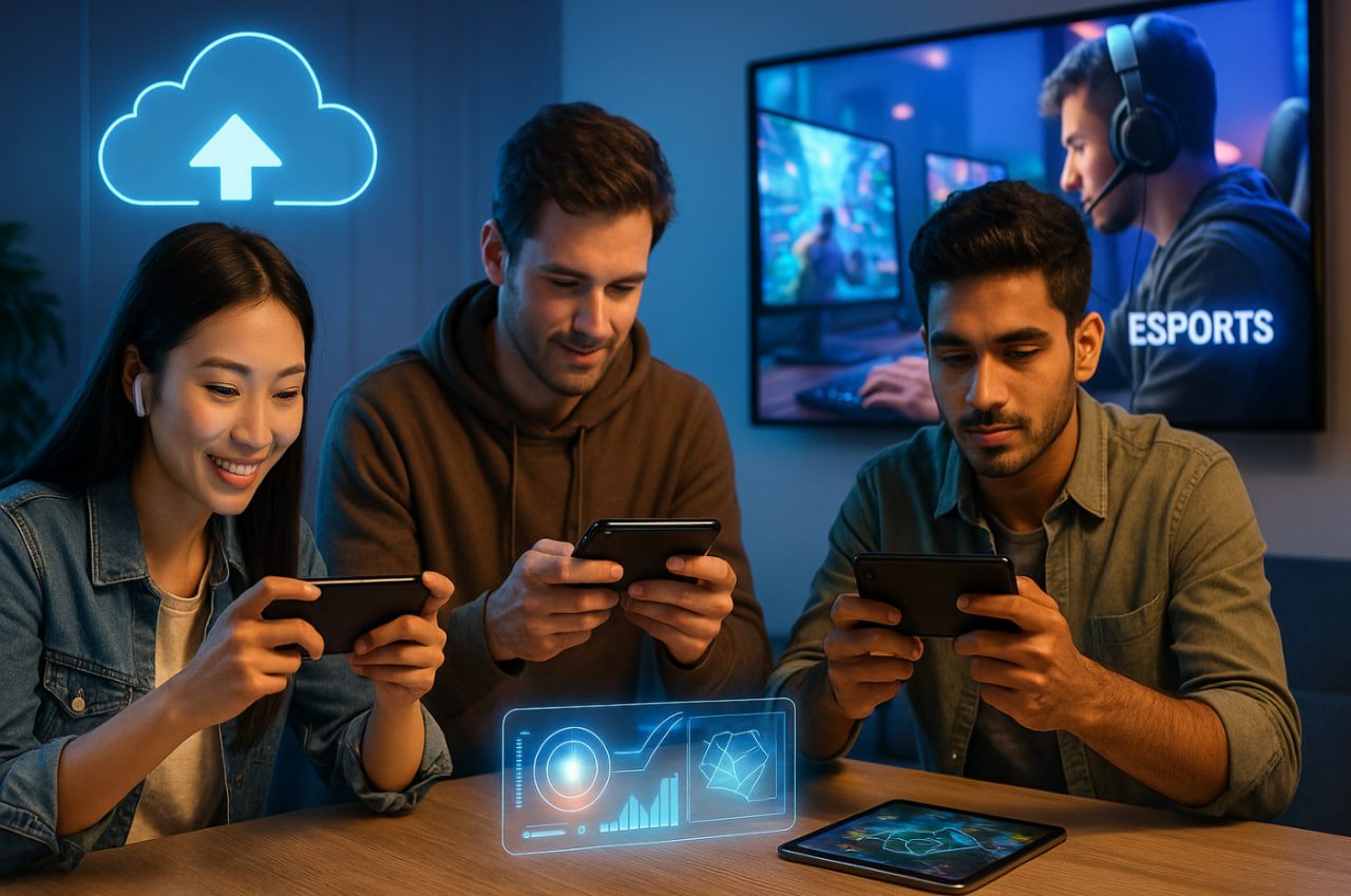 ilustrasi mobile gaming 2025 dengan cloud play esports dan AR