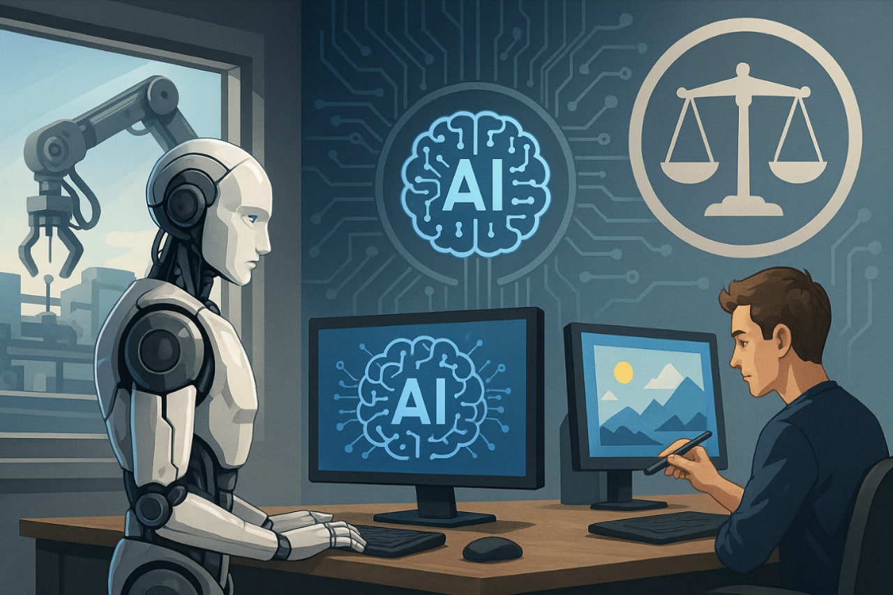 ilustrasi kecerdasan buatan 2025 dengan otomasi, kreativitas, dan tantangan etika