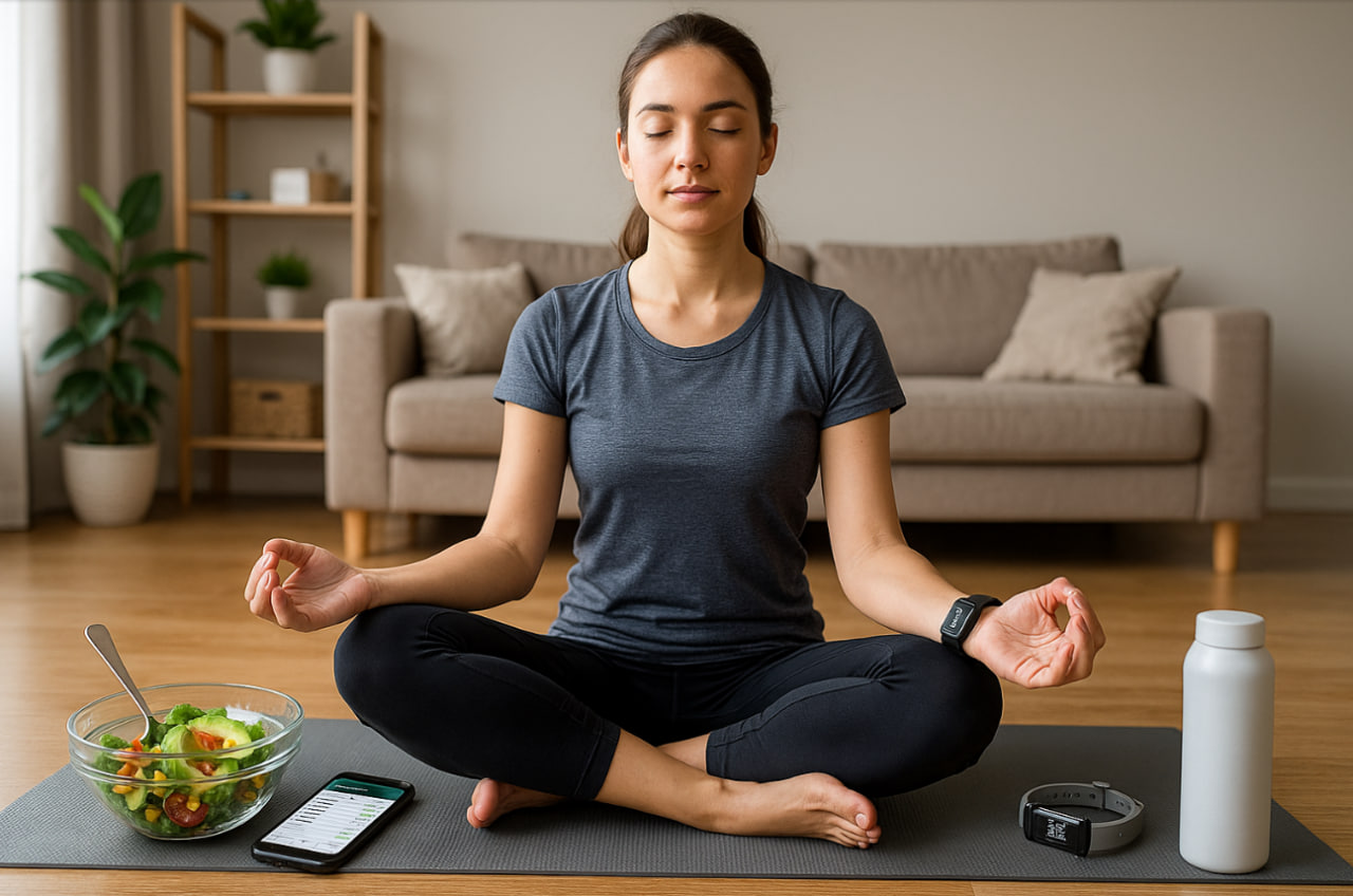 ilustrasi gaya hidup sehat 2025 dengan wearable, nutrisi digital, dan mindfulness