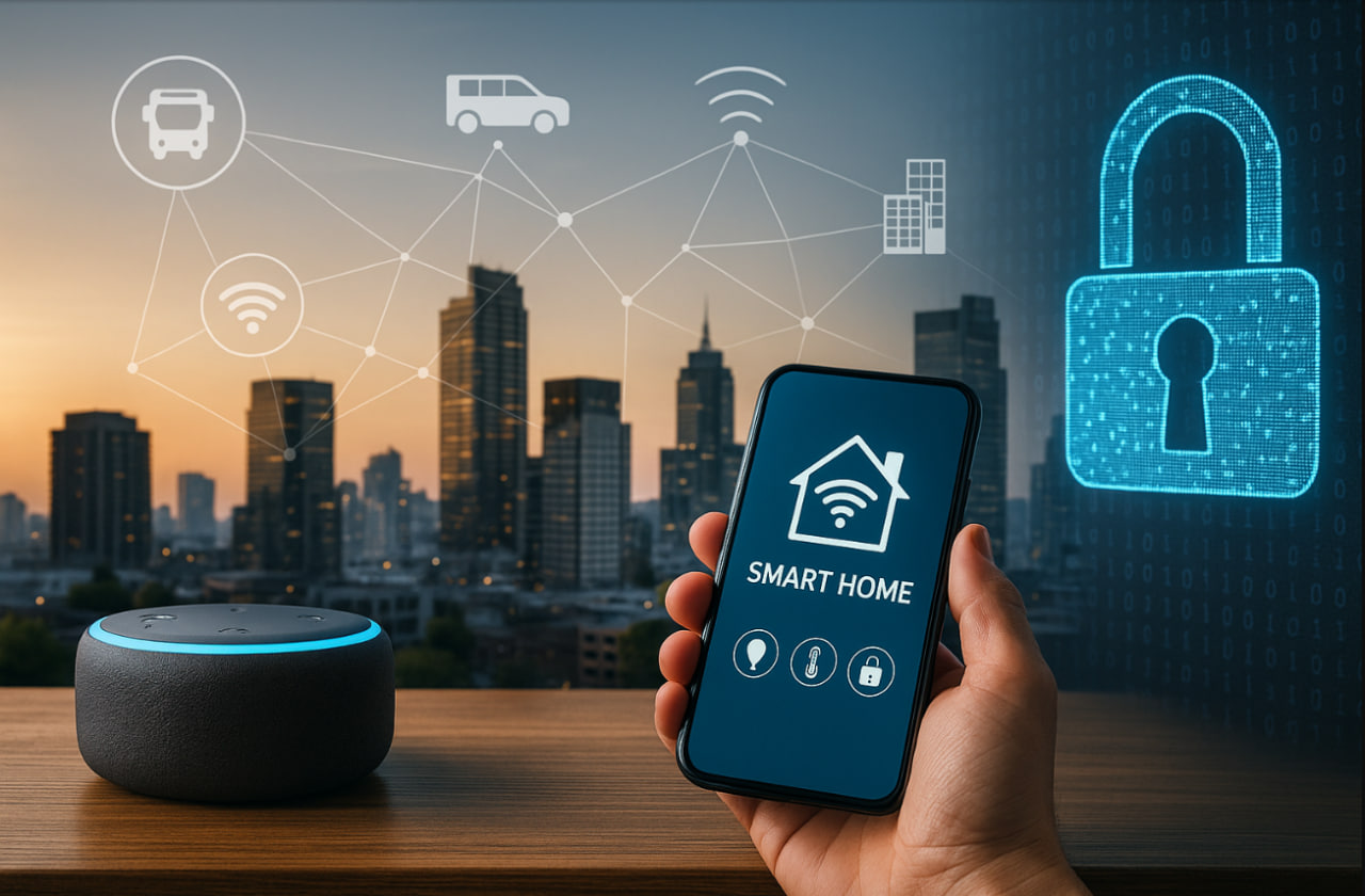 ilustrasi internet of things 2025 dengan smart home, smart city, dan keamanan digital
