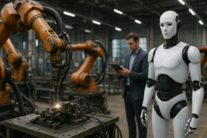 lustrasi robotika 2025 dengan otomasi industri, robot pelayanan, dan tantangan etika