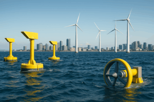 ilustrasi energi laut 2025 dengan pembangkit gelombang, turbin arus, dan kota pesisir mandiri