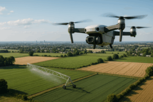 ilustrasi drone 2025 dengan transportasi, pertanian, dan keamanan cerdas