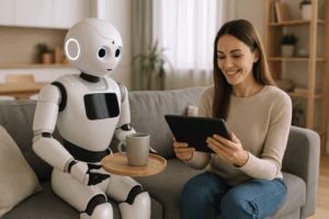 ilustrasi robot rumah tangga 2025 dengan asisten pintar dan gaya hidup modern