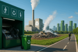 ilustrasi teknologi limbah 2025 dengan daur ulang otomatis, energi dari sampah, dan kota nol emisi