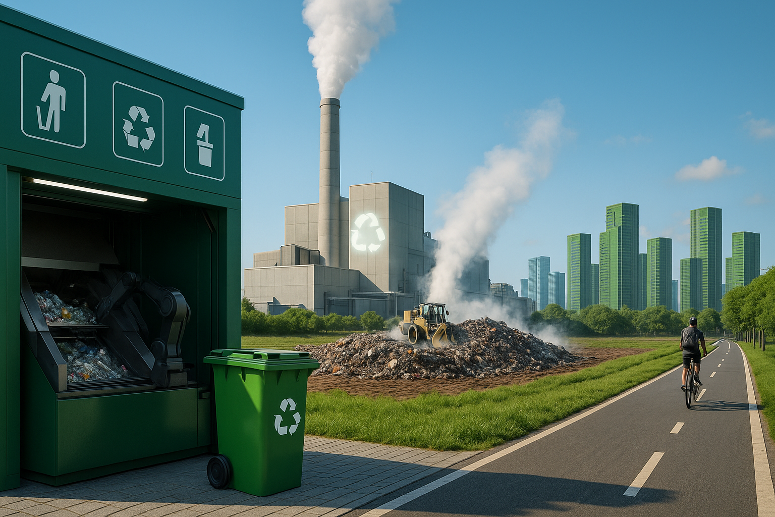 ilustrasi teknologi limbah 2025 dengan daur ulang otomatis, energi dari sampah, dan kota nol emisi