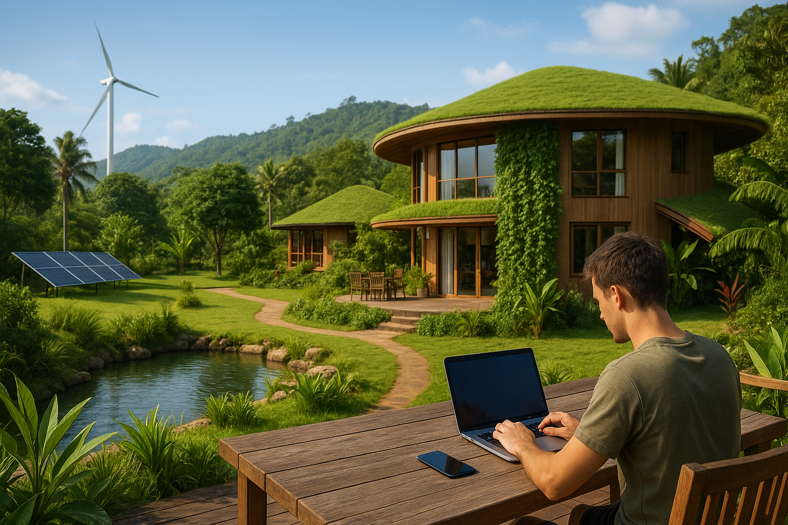ilustrasi pariwisata berkelanjutan 2025 dengan eco-tourism, green hotel, dan digital nomad