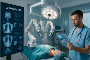 ilustrasi teknologi medis 2025 dengan AI diagnostik, robot bedah, dan kesehatan digital