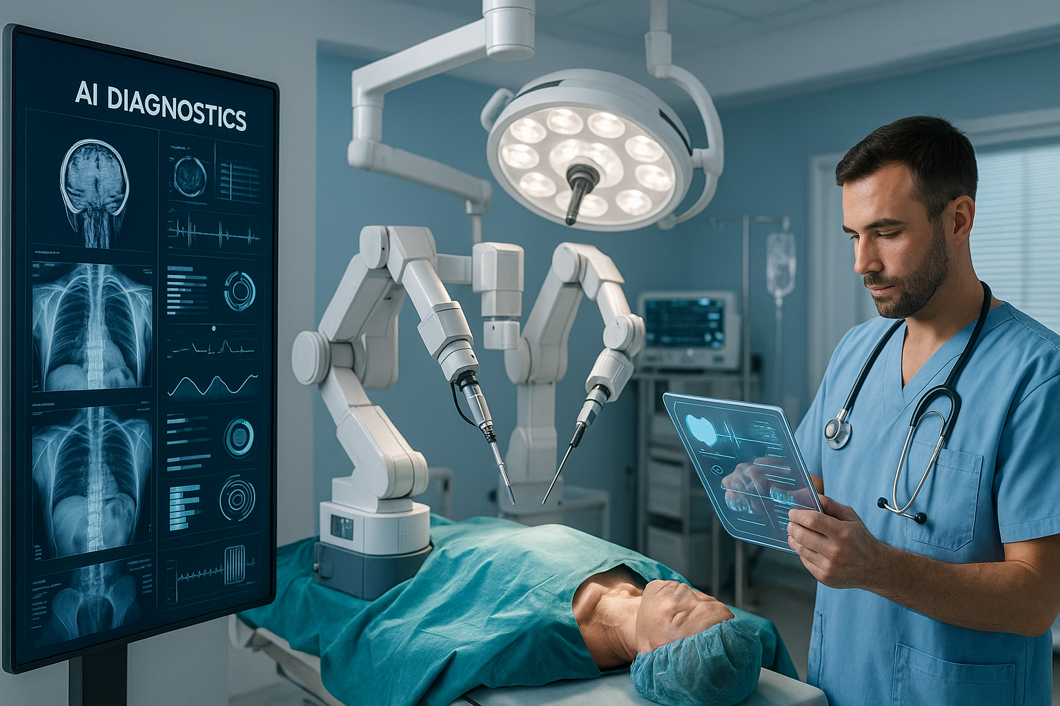 ilustrasi teknologi medis 2025 dengan AI diagnostik, robot bedah, dan kesehatan digital