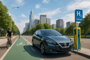 ilustrasi transportasi hijau 2025 dengan mobil listrik massal, jalur sepeda pintar, dan energi hidrogen