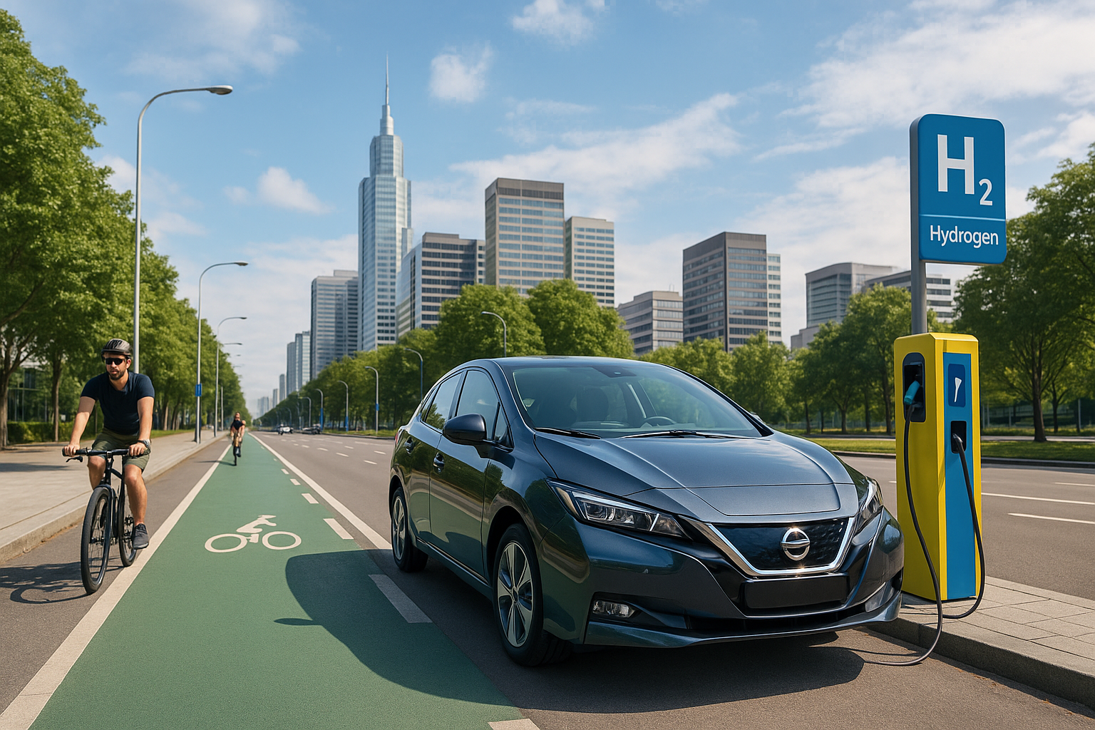 ilustrasi transportasi hijau 2025 dengan mobil listrik massal, jalur sepeda pintar, dan energi hidrogen