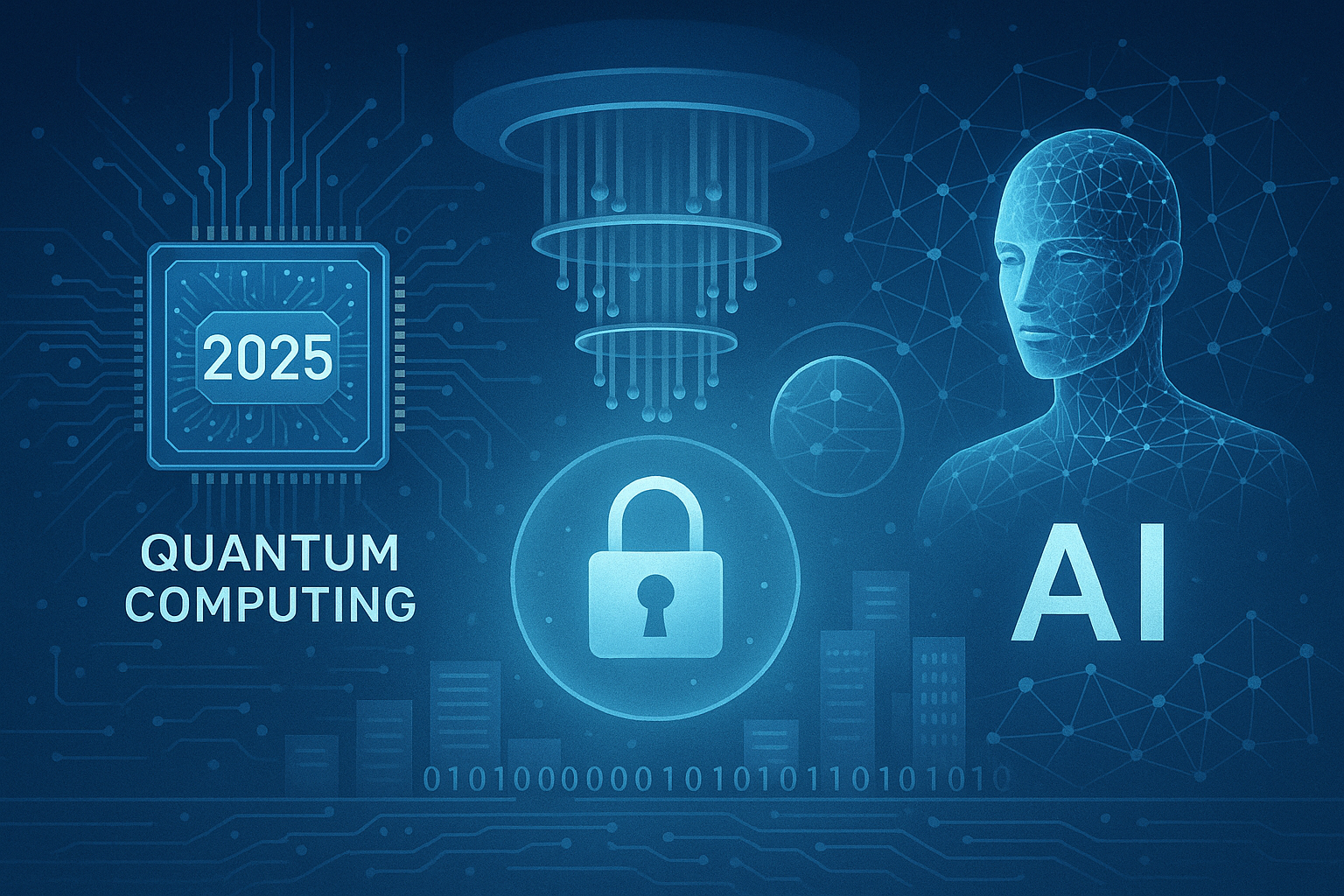 ilustrasi teknologi quantum 2025 dengan komputasi cepat, keamanan data, dan revolusi AI
