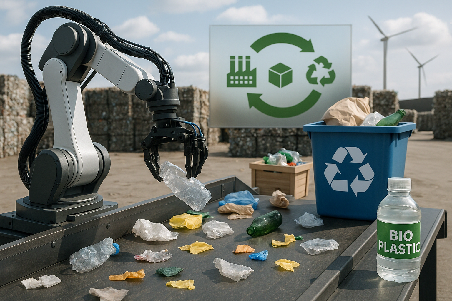 ilustrasi teknologi daur ulang 2025 dengan AI pemilah sampah, plastik ramah alam, dan ekonomi sirkular