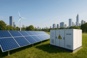 ilustrasi teknologi energi 2025 dengan panel surya pintar, baterai daur ulang, dan kota mandiri energi