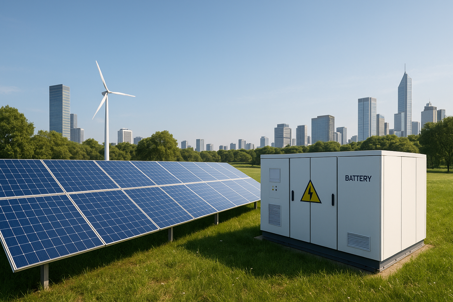 ilustrasi teknologi energi 2025 dengan panel surya pintar, baterai daur ulang, dan kota mandiri energi