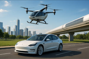 ilustrasi transportasi 2025 dengan mobil listrik, drone taxi, dan kereta hyperloop