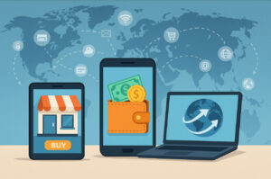 ilustrasi ekonomi digital 2025 dengan UMKM go online, e-wallet, dan pasar global