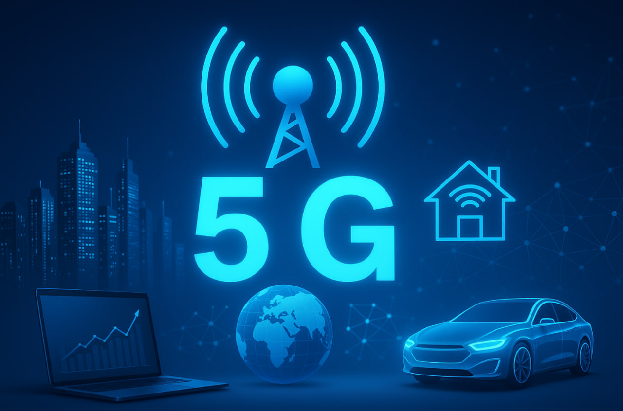 ilustrasi 5G dan 6G 2025 dengan internet cepat, IoT, dan ekonomi digital