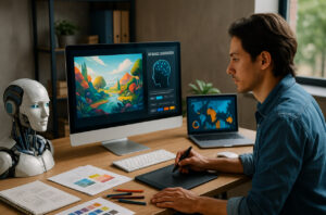 ilustrasi ekonomi kreatif 2025 dengan kolaborasi AI, desain digital, dan pasar global