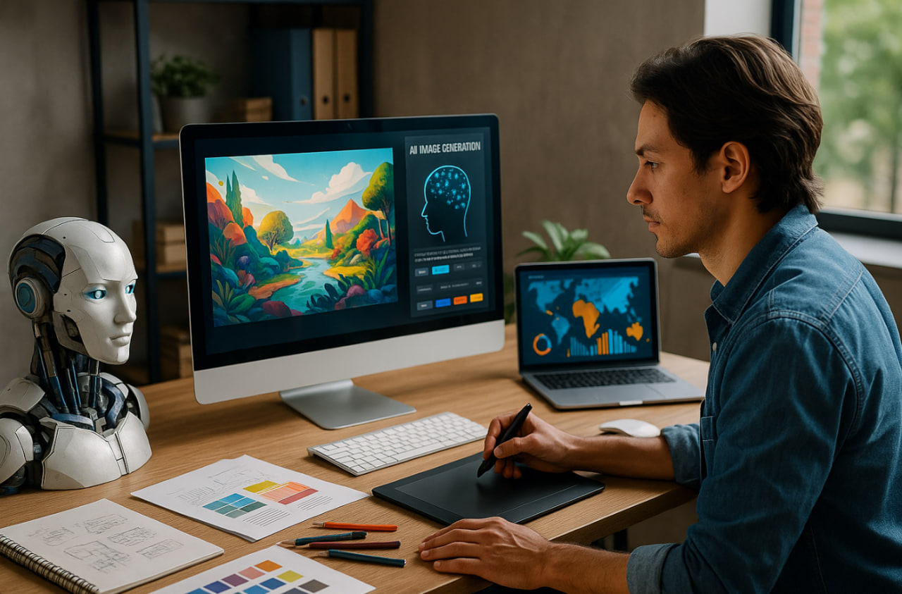 ilustrasi ekonomi kreatif 2025 dengan kolaborasi AI, desain digital, dan pasar global