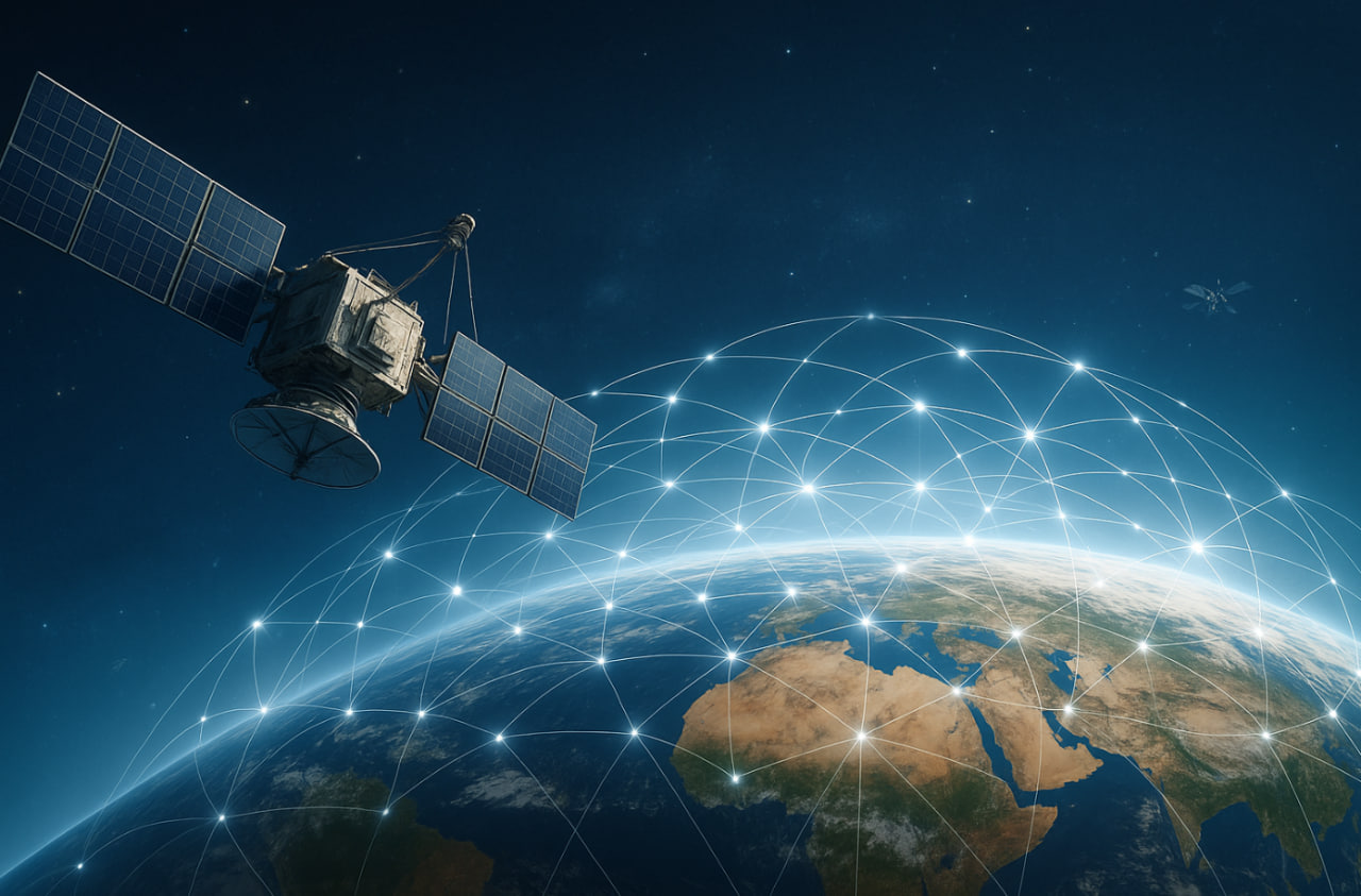 ilustrasi teknologi satelit 2025 dengan internet global, pemantauan iklim, dan keamanan dunia