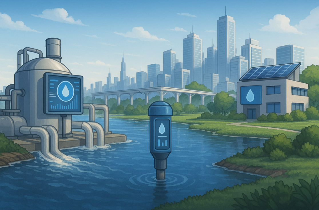 ilustrasi teknologi air 2025 dengan desalinasi AI, sensor kualitas air, dan kota hemat air