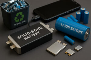 ilustrasi baterai masa depan 2025 dengan teknologi solid-state, daur ulang lithium, dan pengisian super cepat