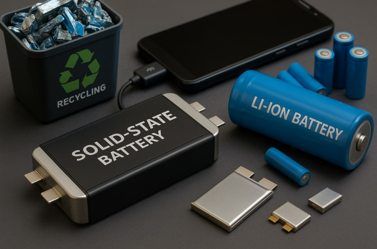 ilustrasi baterai masa depan 2025 dengan teknologi solid-state, daur ulang lithium, dan pengisian super cepat