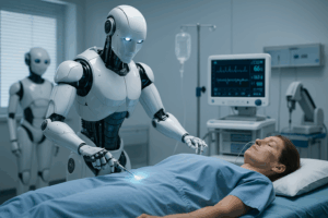 ilustrasi robot medis 2025 dengan bedah presisi, asisten pasien, dan perawatan otomatis