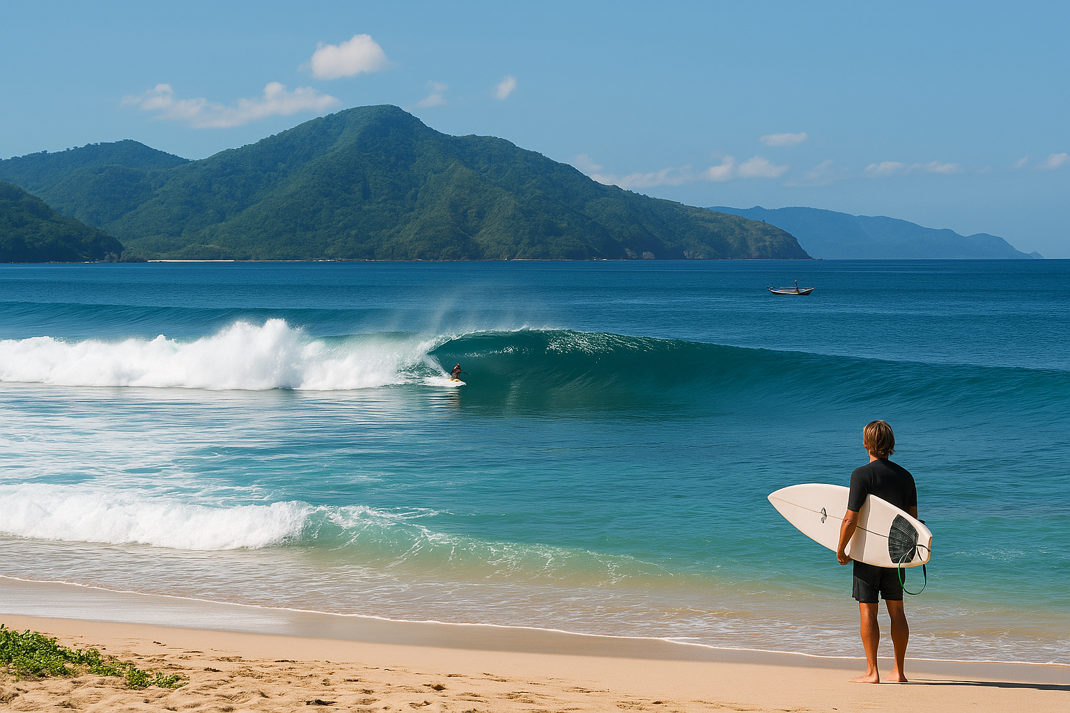 pantai Sumbawa dengan ombak besar dan aktivitas surfing