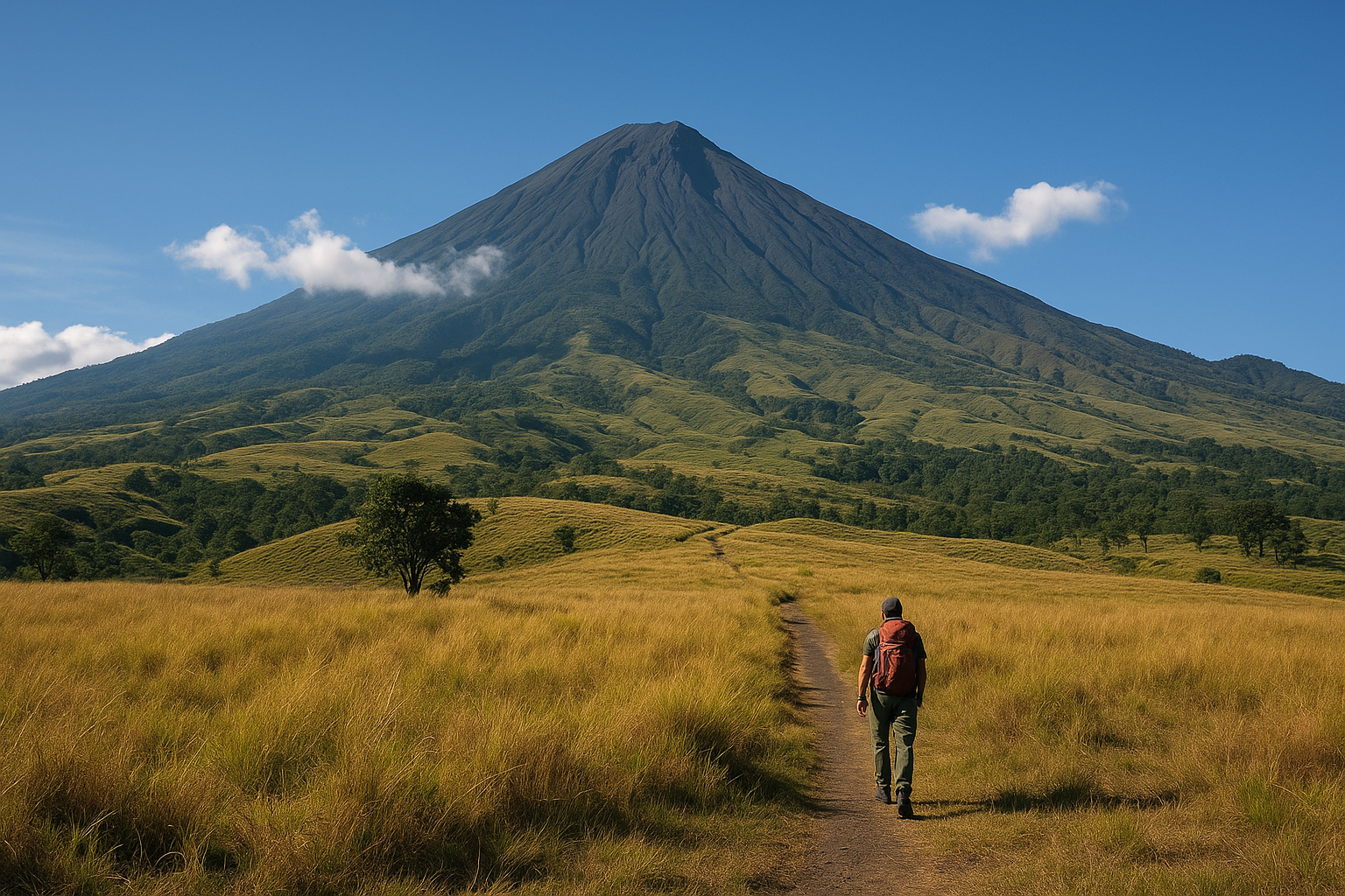pendaki melewati savana menuju Gunung Rinjani