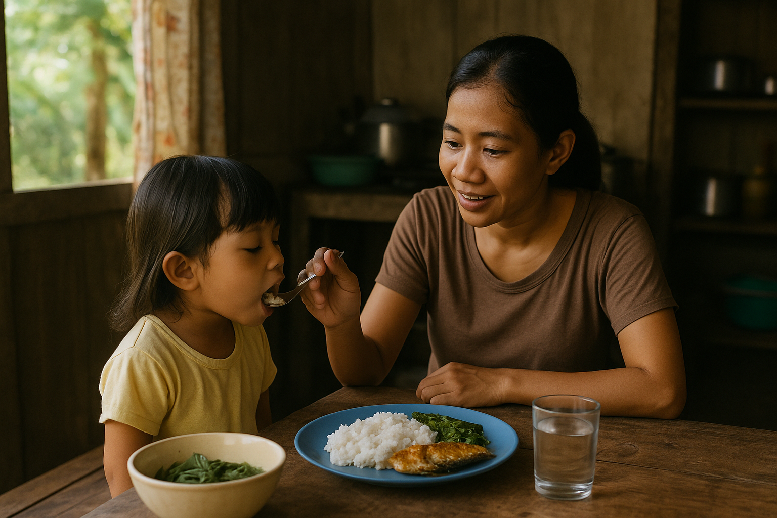 ibu di pedesaan memberi makan anak dengan menu bergizi seimbang
