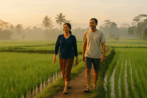 masyarakat pedesaan berjalan pagi di sawah sebagai gaya hidup sehat