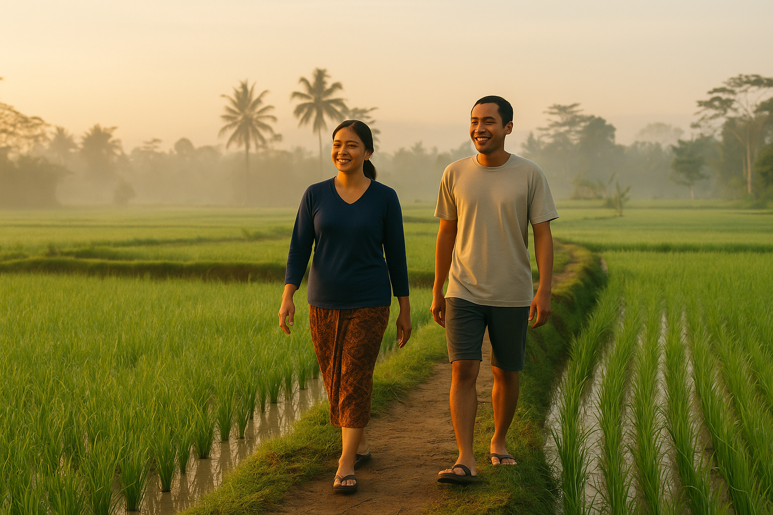 masyarakat pedesaan berjalan pagi di sawah sebagai gaya hidup sehat
