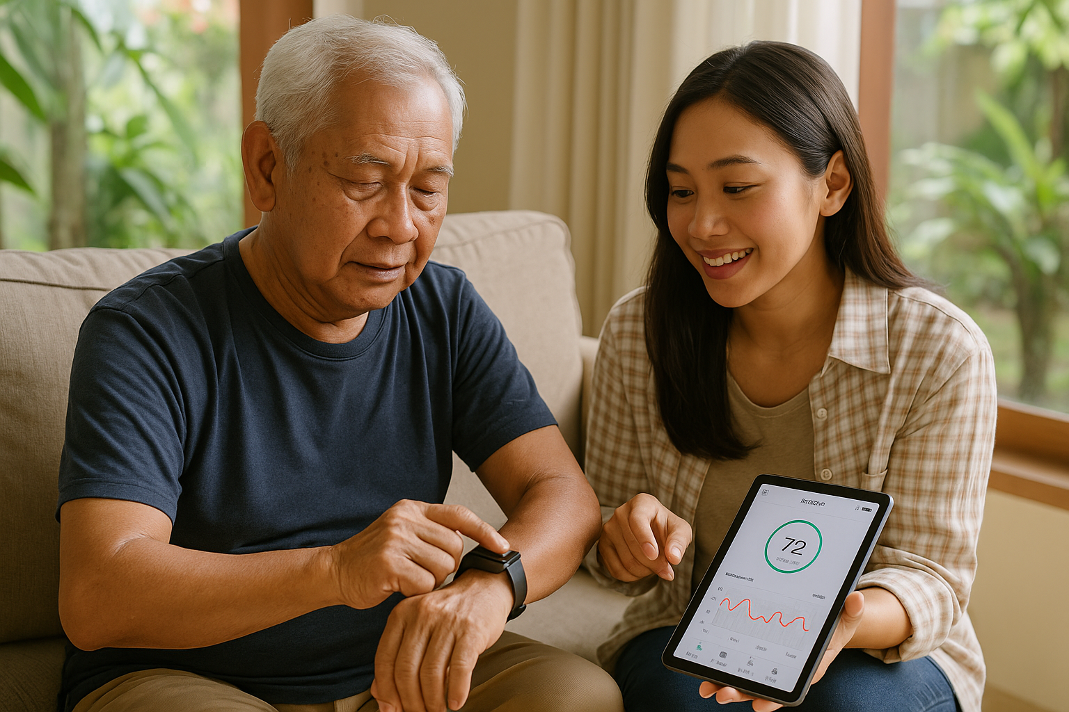 lansia menggunakan smartwatch untuk memantau kesehatan digital di rumah