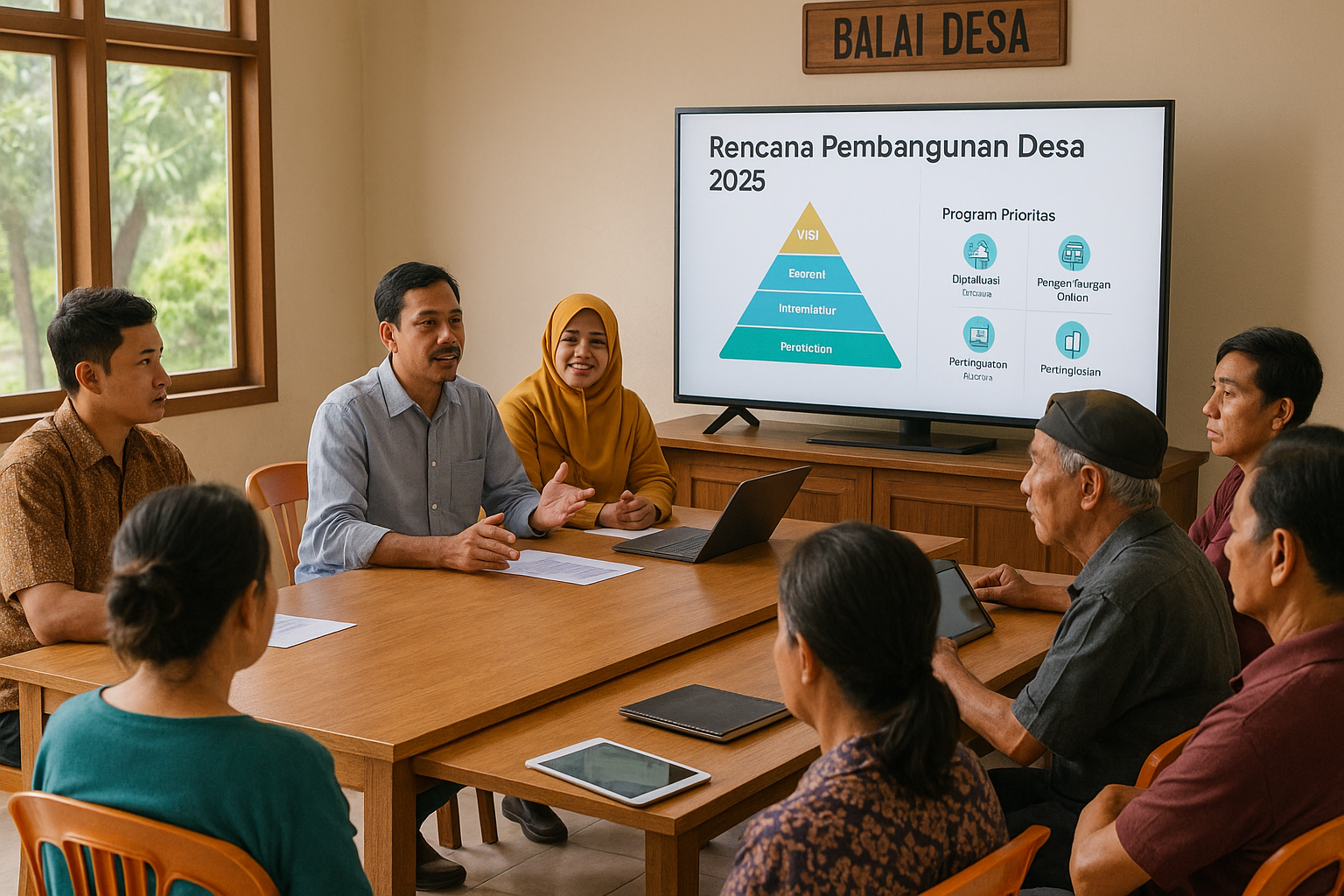 warga desa berdiskusi pembangunan dengan tampilan digital di balai desa