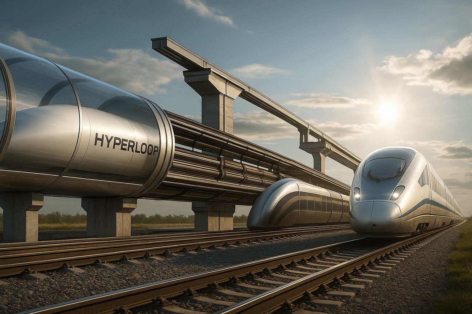 ilustrasi kereta futuristik 2025 dengan hyperloop, energi magnetik, dan jalur super cepat