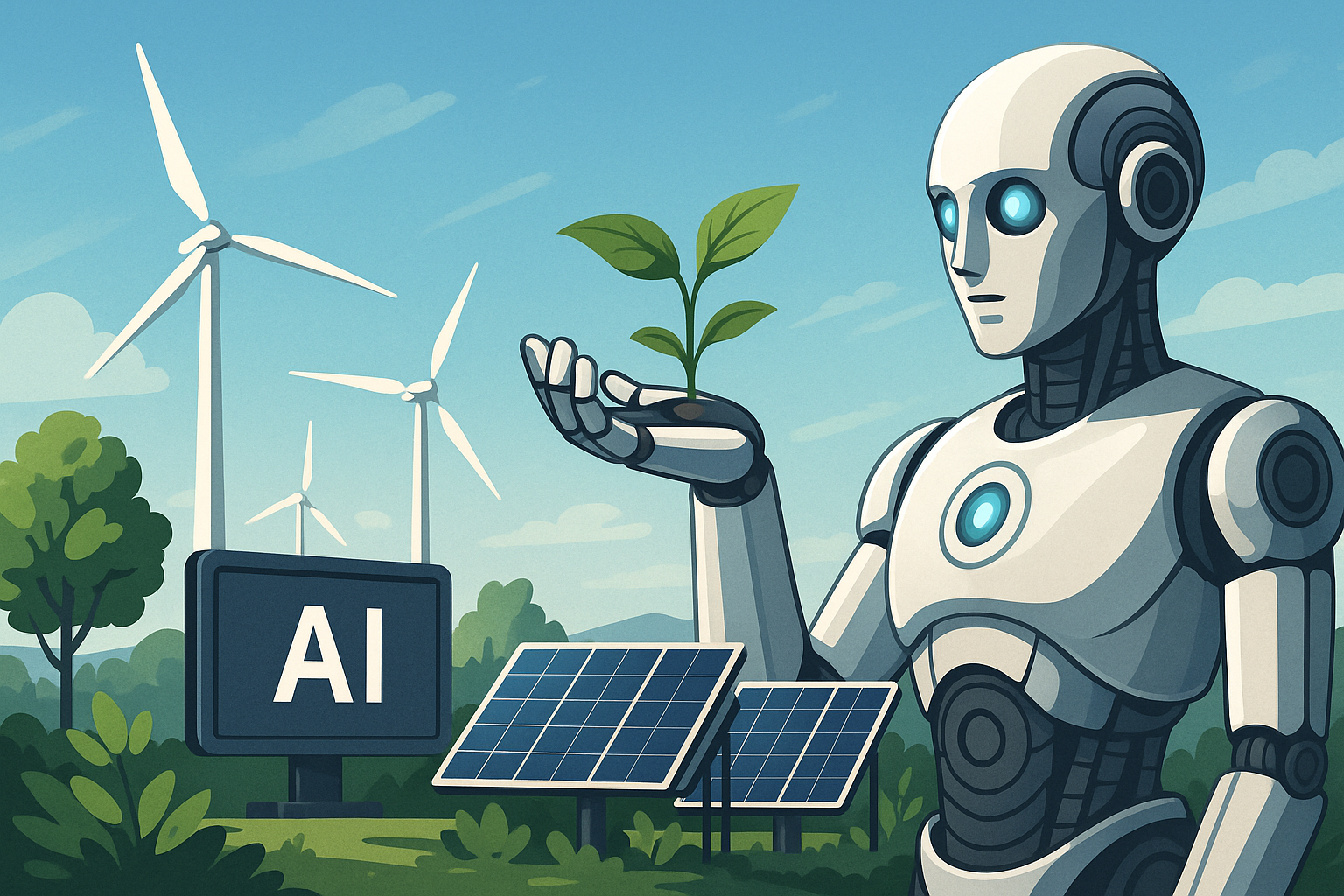 ilustrasi AI hijau 2025 dengan teknologi ramah lingkungan dan sistem efisiensi energi