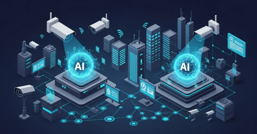 ilustrasi AI keamanan 2025 dengan deteksi dini, pengawasan cerdas, dan perlindungan siber terpadu