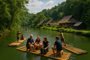 Ilustrasi realistis aktivitas wisata sungai: wisatawan menyusuri sungai jernih dengan perahu bambu, homestay desa terlihat di tepi sungai, dan pepohonan hijau rimbun memenuhi latar.