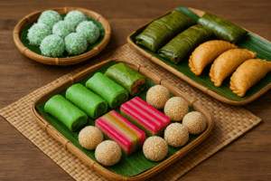 aneka jajanan pasar tradisional disajikan di meja bambu