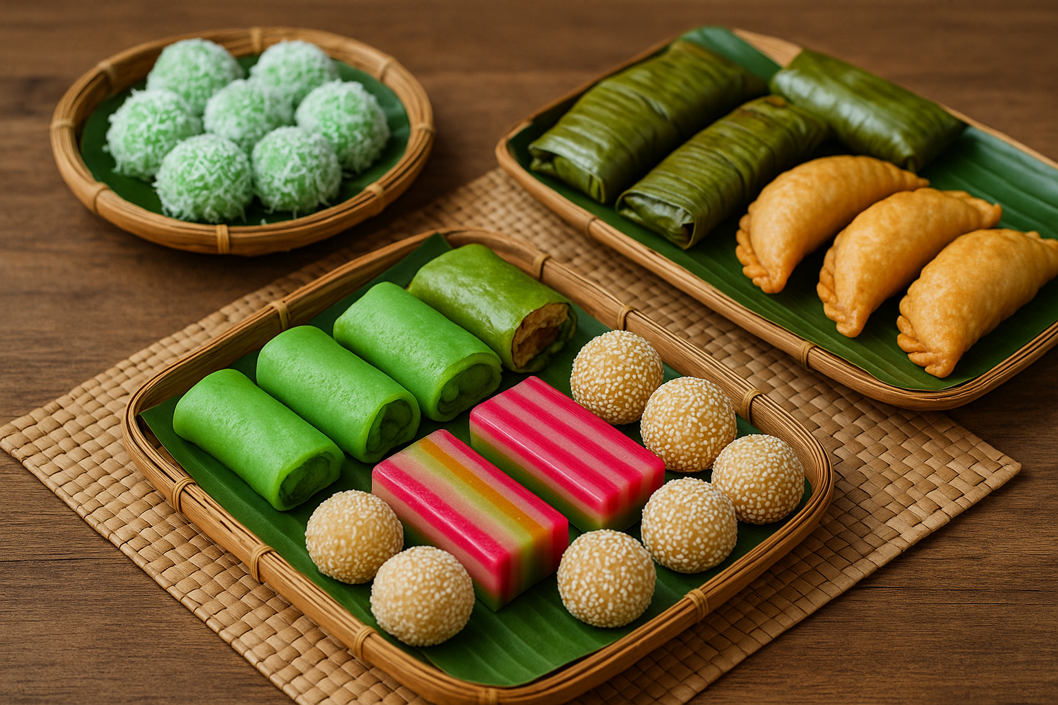 aneka jajanan pasar tradisional disajikan di meja bambu