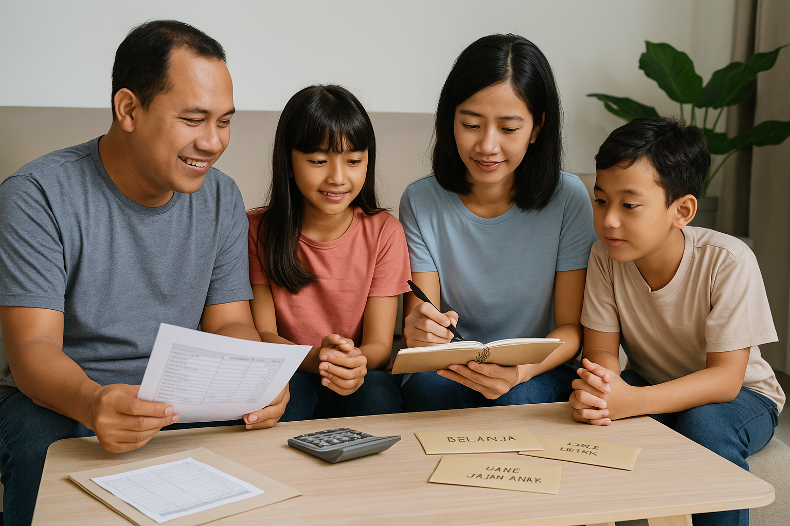 keluarga mengatur keuangan menggunakan amplop dan catatan anggaran
