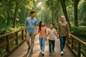 keluarga menikmati wisata hutan kota dengan berjalan di jalur kayu