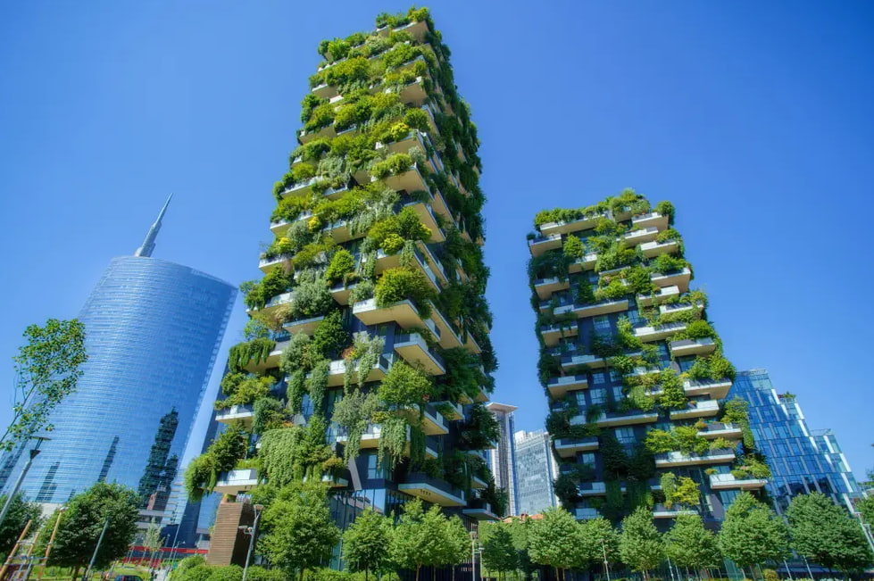 ilustrasi landscape green building ramah lingkungan di daerah tropis