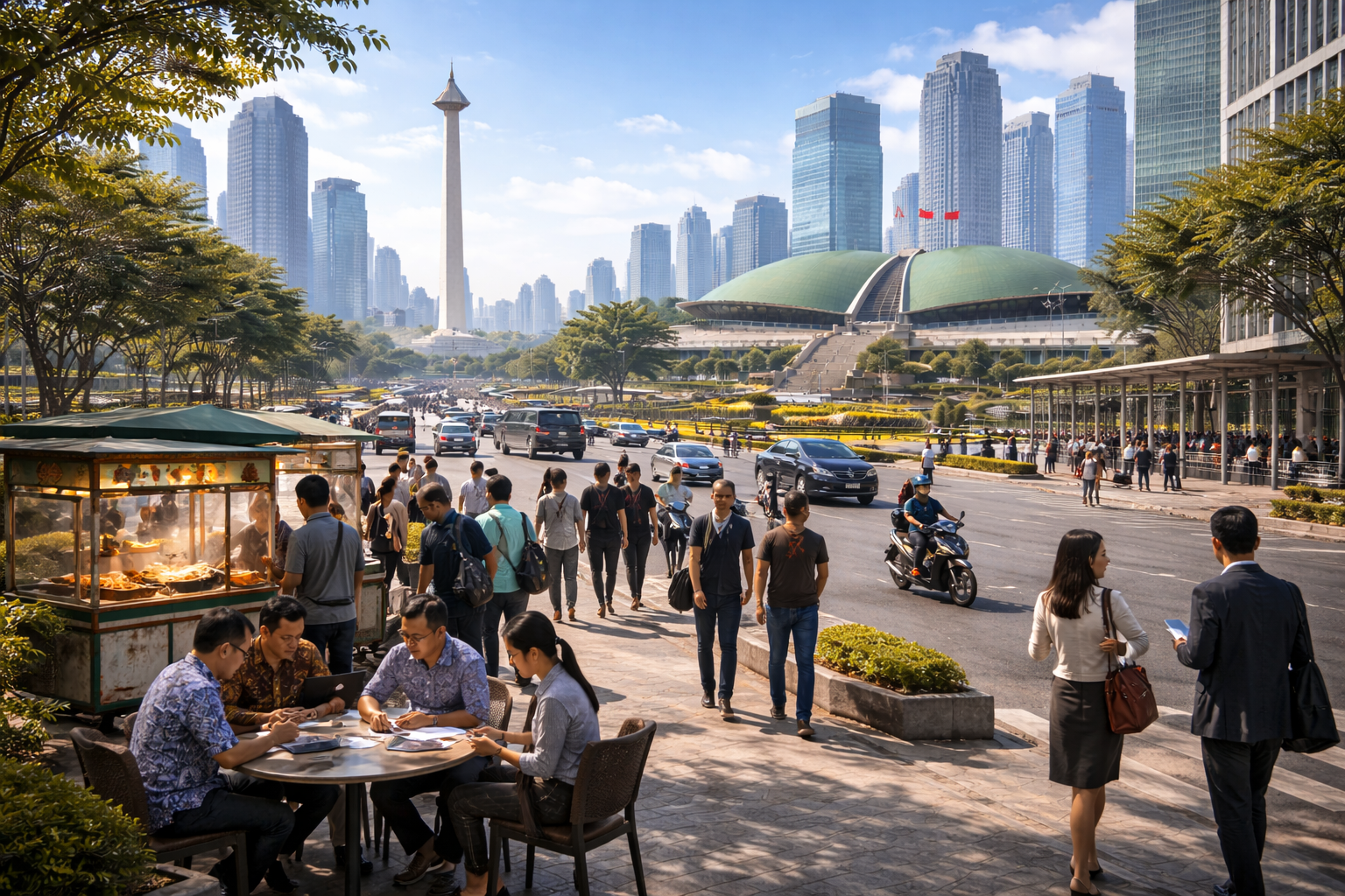 Ilustrasi tantangan nasional Indonesia 2026 dengan aktivitas masyarakat dan suasana pemerintahan