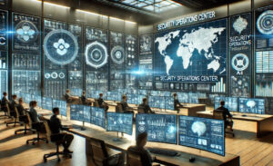 Ilustrasi landscape sistem keamanan siber berbasis AI dengan pemantauan jaringan digital futuristik.