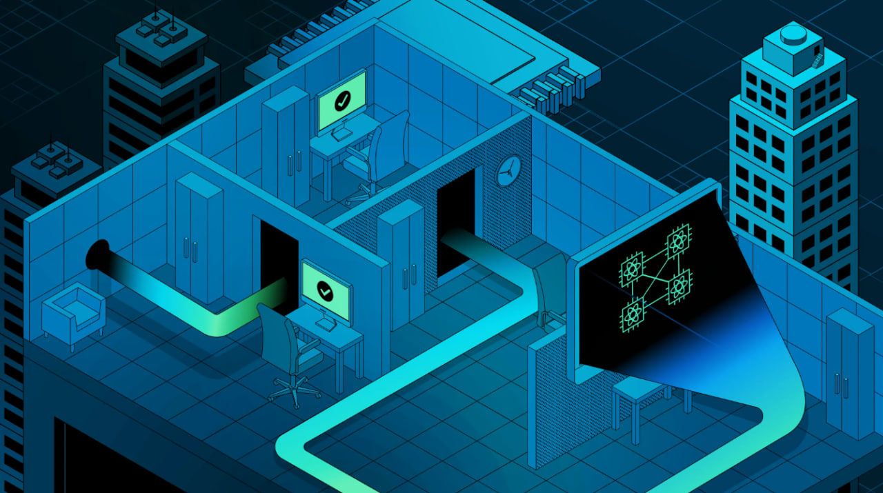 Ilustrasi landscape komputasi kuantum dengan prosesor futuristik dan jaringan data digital.