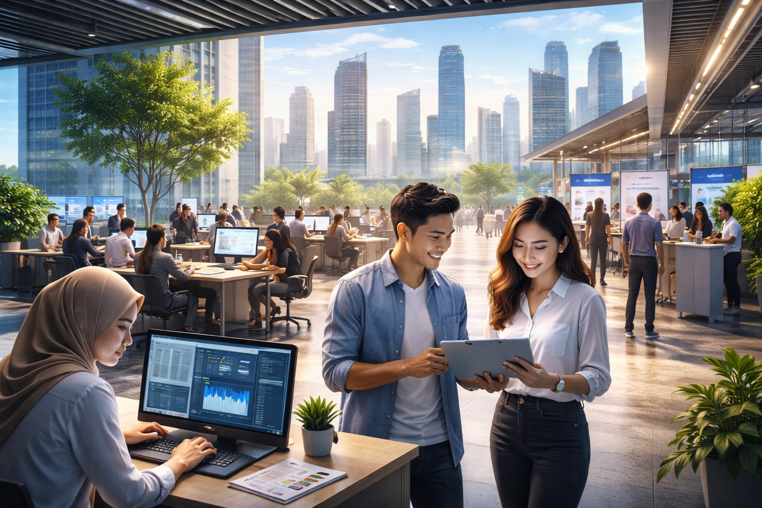 pasar kerja Indonesia 2026 dengan pekerja muda di kantor modern dan job fair